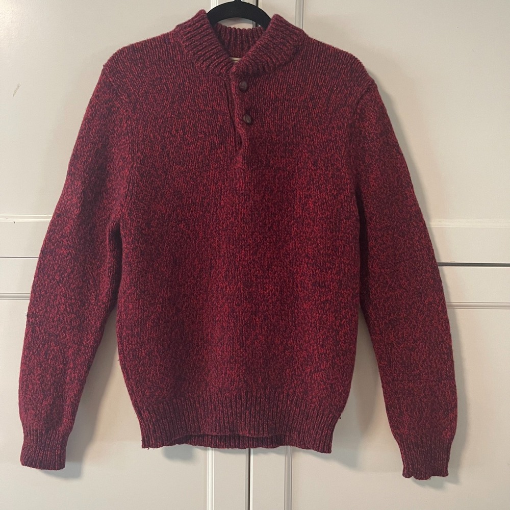 LL Bean Mens Lambswool Shawl Collar Sweater Red Marled Knit 285174 Small Regular
